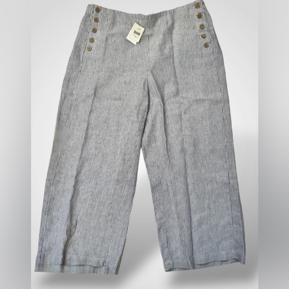 NWT J.Jill 100% Linen Size L Blue White Striped Sailor Wide Leg Cropped Pants